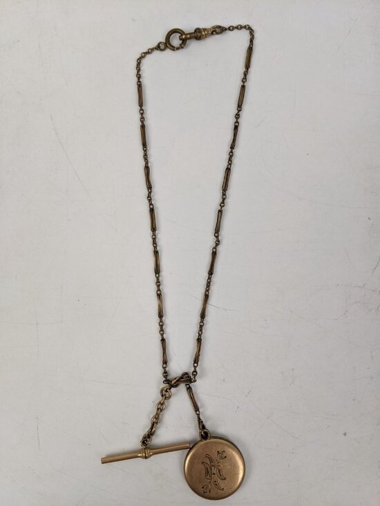 Vintage Antique Victorian? Gold Tone Pocket Watch Chain Fob Bar Floral Locket main image 4
